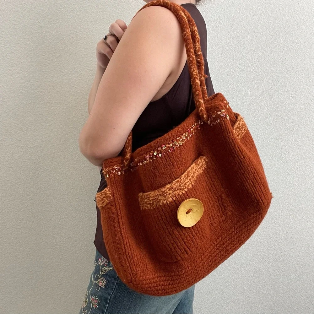 90s Burnt Orange Handmade Sequin Knit Felted Wool Slouchy Hobo Shoulder Bag Tote